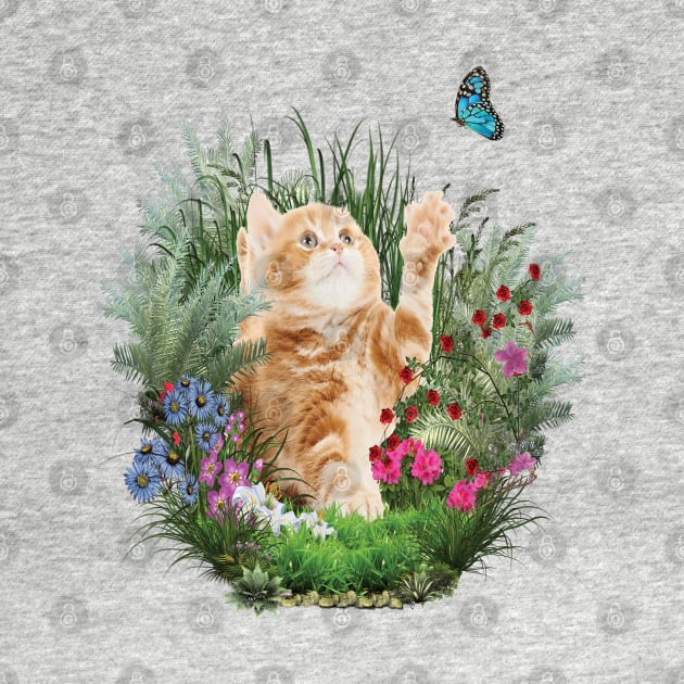 Ginger kitten playing with a blue butterfly by Just Kidding by Nadine May